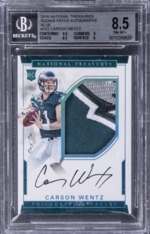 2016 Panini National Treasures "Rookie Patch Autographs" Blue #102 Carson Wentz Signed Patch Rookie Card (#1/1) - BGS NM-MT+ 8.5/BGS 10